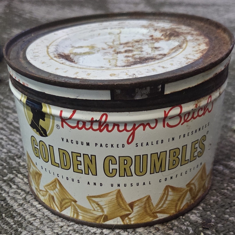 Vintage Kathryn Beich gold crumbles Tin  1968